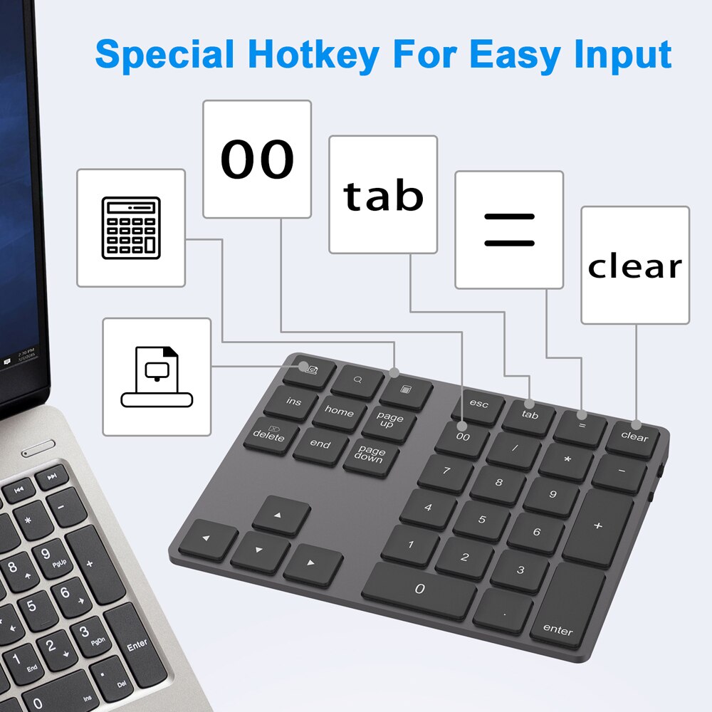 AVATTO Aluminum Alloy Bluetooth Wireless Numeric Keypad with USB HUB Digital Input Function for Windows,Mac OS,Android laptop PC