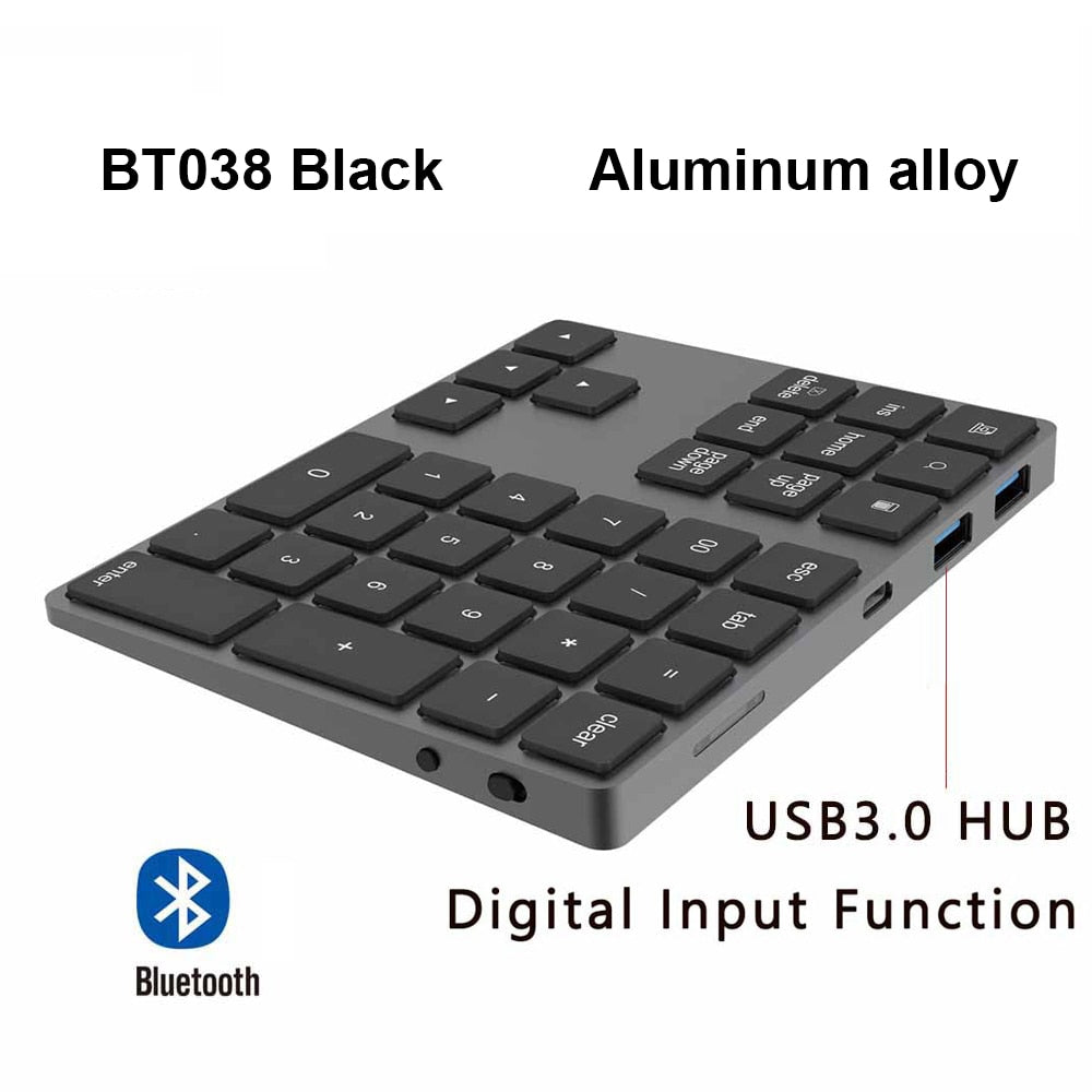 AVATTO Aluminum Alloy Bluetooth Wireless Numeric Keypad with USB HUB Digital Input Function for Windows,Mac OS,Android laptop PC