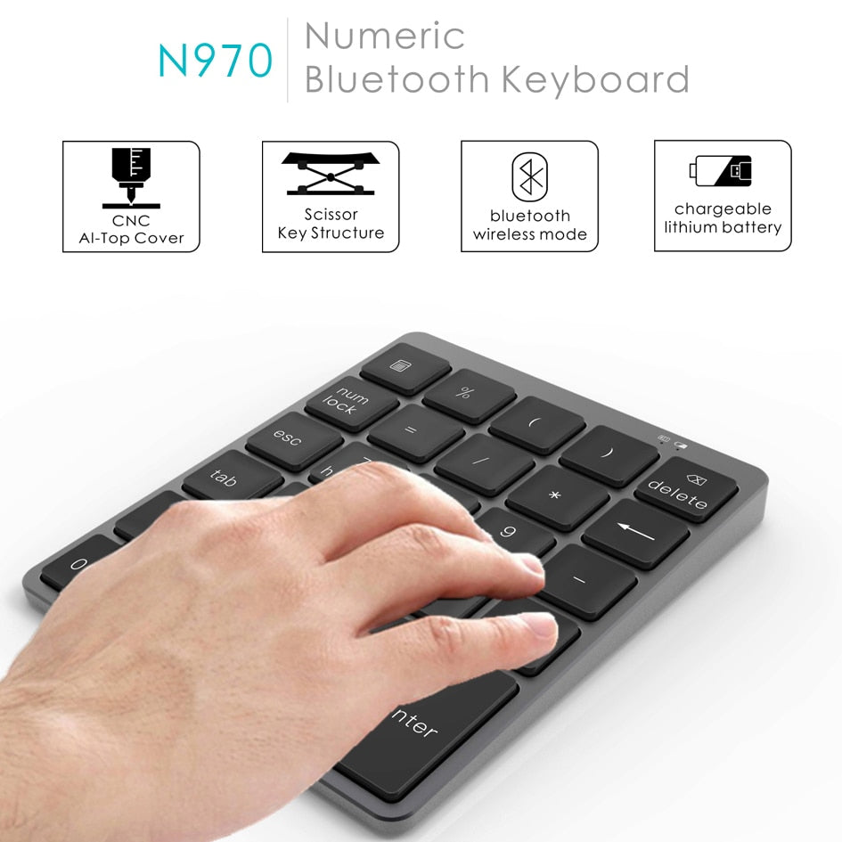 AVATTO Aluminum Alloy 28 Keys Bluetooth Wireless Numeric Keypad with USB HUB More Function Keys Mini Numpad for Accounting tasks