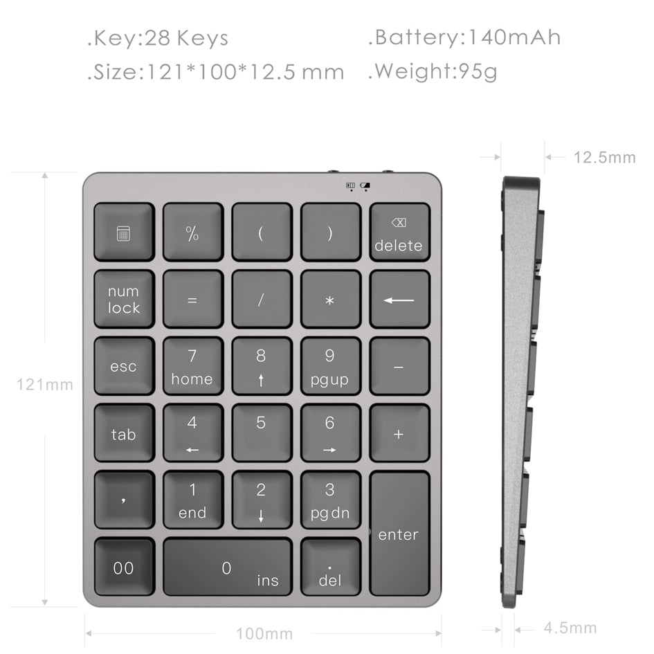 AVATTO Aluminum Alloy 28 Keys Bluetooth Wireless Numeric Keypad with USB HUB More Function Keys Mini Numpad for Accounting tasks