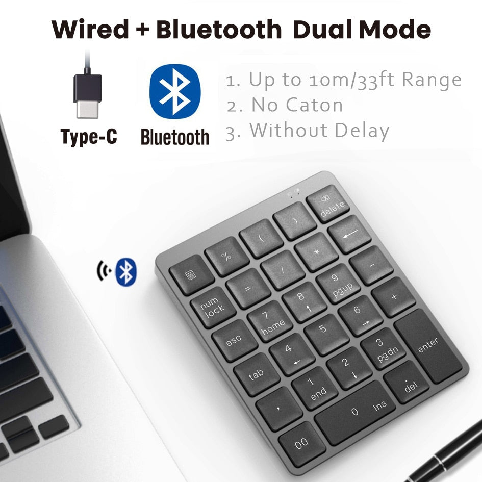 AVATTO Aluminum Alloy 28 Keys Bluetooth Wireless Numeric Keypad with USB HUB More Function Keys Mini Numpad for Accounting tasks