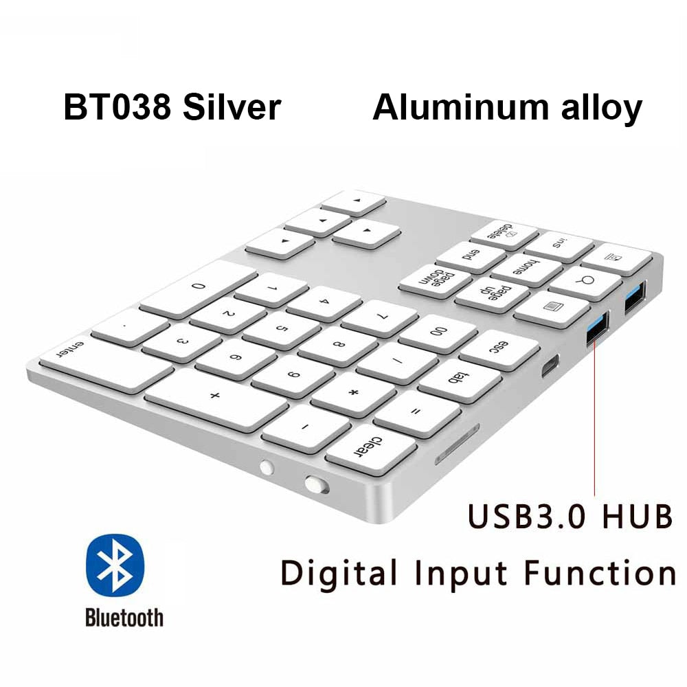 AVATTO Aluminum Alloy Bluetooth Wireless Numeric Keypad with USB HUB Digital Input Function for Windows,Mac OS,Android laptop PC