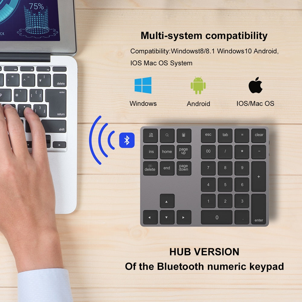 AVATTO Aluminum Alloy Bluetooth Wireless Numeric Keypad with USB HUB Digital Input Function for Windows,Mac OS,Android laptop PC