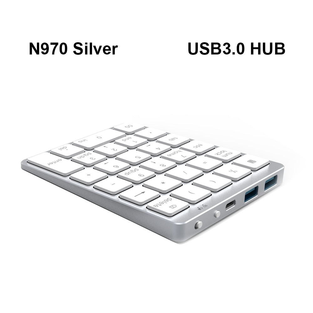 AVATTO Aluminum Alloy 28 Keys Bluetooth Wireless Numeric Keypad with USB HUB More Function Keys Mini Numpad for Accounting tasks